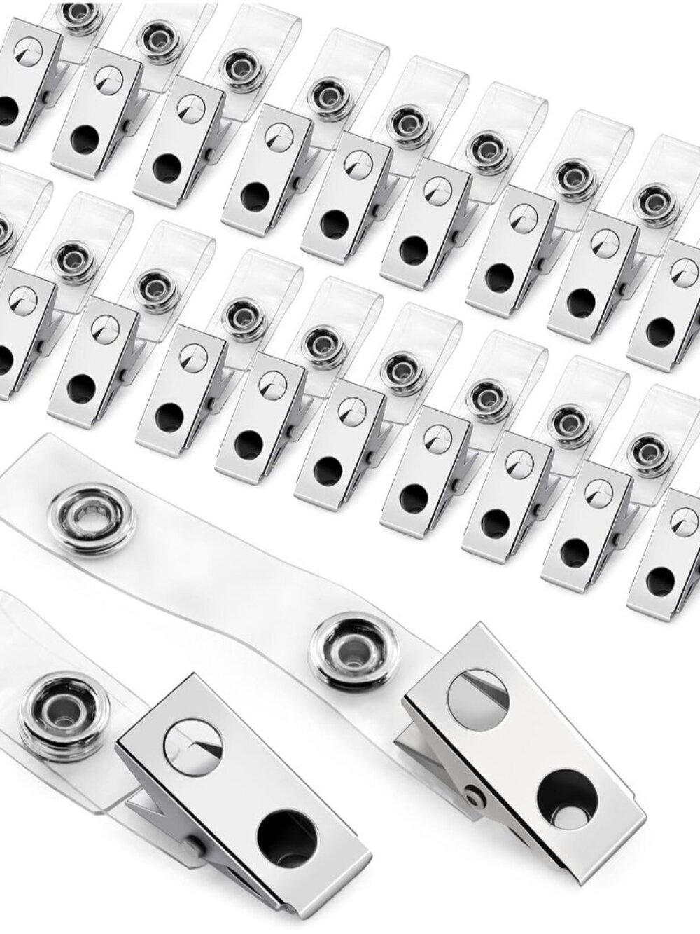 30 Pcs Metal Badge Clips with Clear PVC Straps ID Strap Clip Double Holes Badge